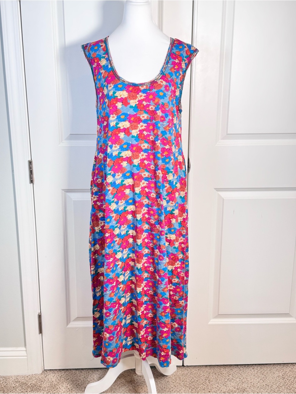 Natural Life Hangout Cotton Midi Dress M Blue Floral Pockets Boho Cottagecore
